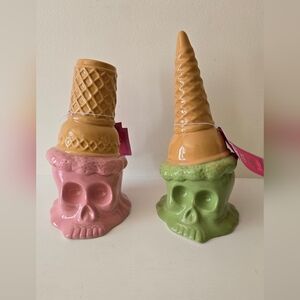 Set of 2 Ice Cream Skull Figurines – Pink & Green – Halloween Goth Decor